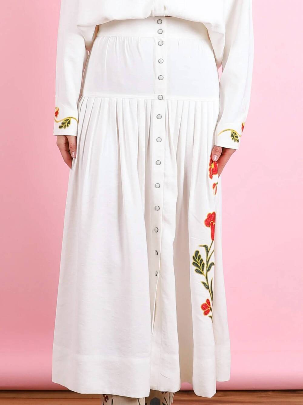NEW THE GREAT. western embroidered highland midi skirt in cream